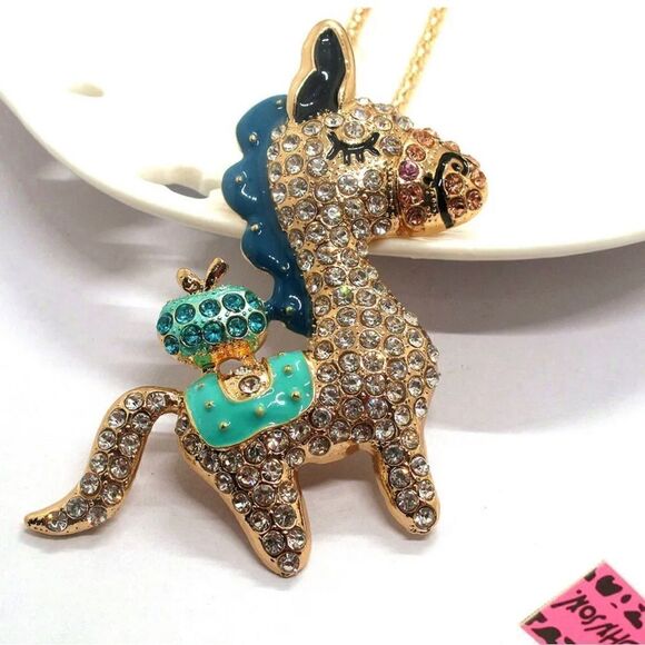 Crystal Blue Rhinestone Cute Enamel Horse Apple Pendant Necklace NWOT - Picture 2 of 3
